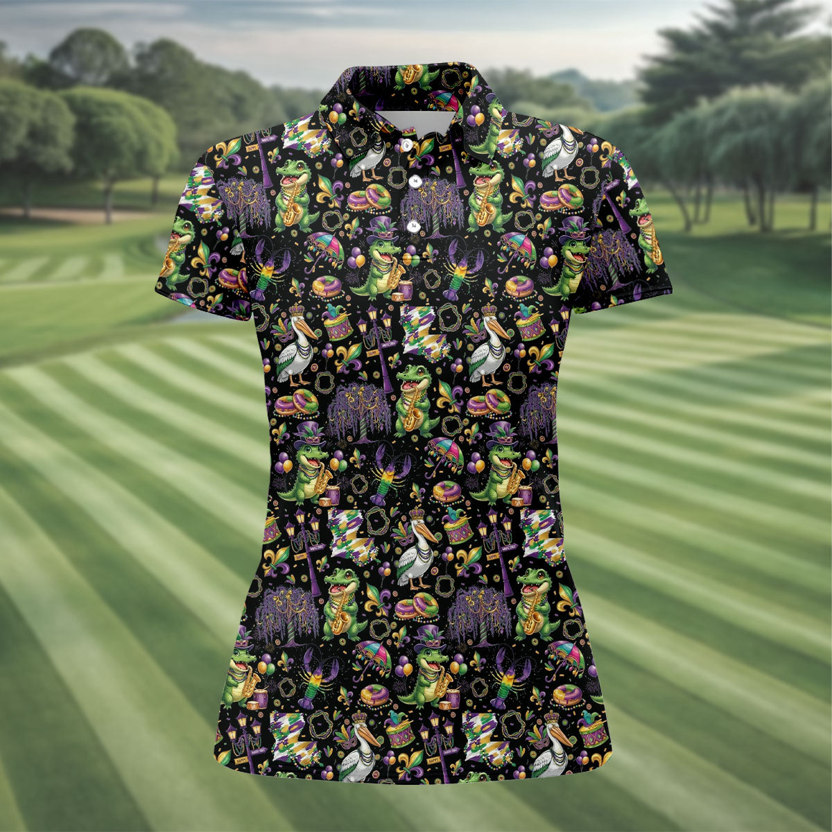 Mardi Gras Fleur De Lis Animal Band Black Golf Shirt, Women's Golf Shirts, Ladies Golf Polos