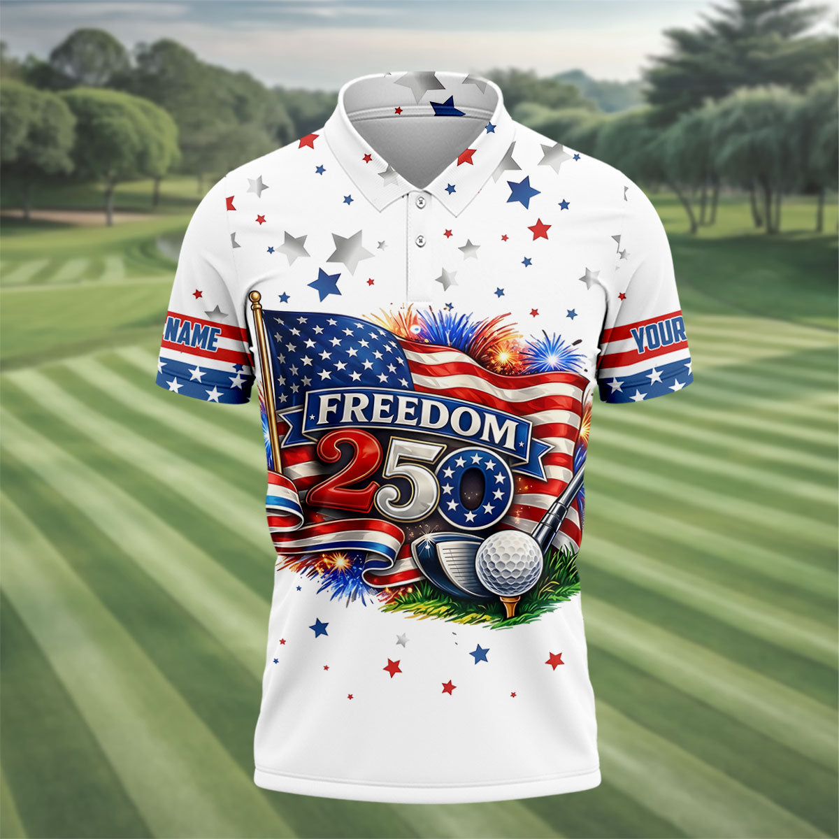 Freedom 250 Independence Celebration American Flag Golf Shirt, Patriotic 4th Of July Golf Shirts For Men