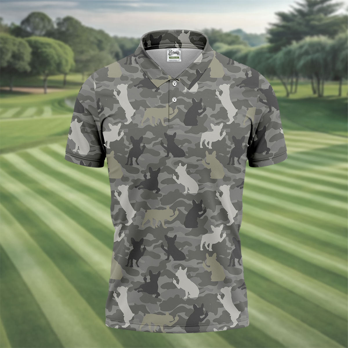 Grey Camo French Bulldog Pattern Golf Shirt, Mens Polo Shirt, Golf Shirts For Men, Performance Golf Shirt