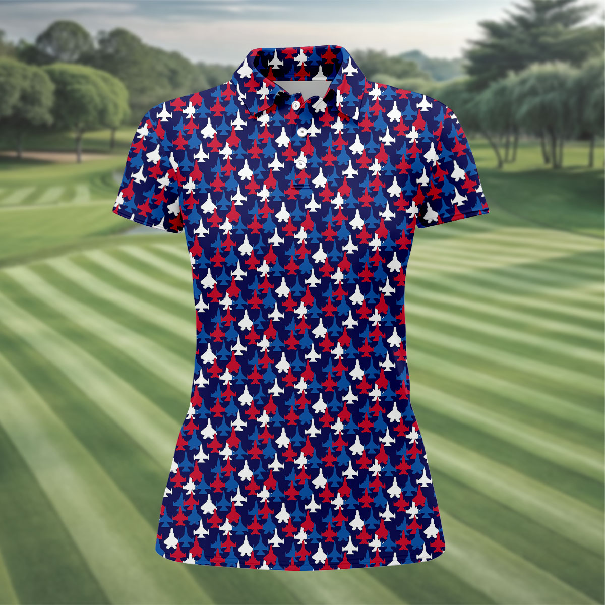 Red And Blue Fighter Jet 4th Of July Women Golf Top, 250th Anniversary Ladies Golf Shirts, Patriotic Golf Shirt