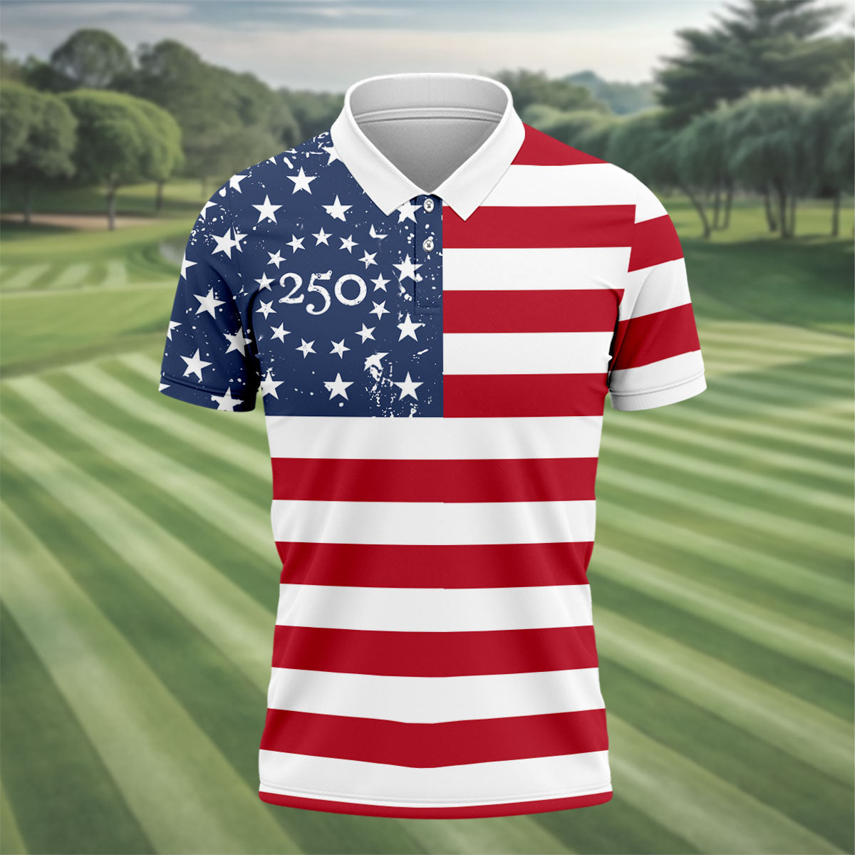 USA Flag Pattern Vintage Golf Shirt, 250th Anniversary Patriotic Golf Shirt, 4th Of July Golf Shirts For Men
