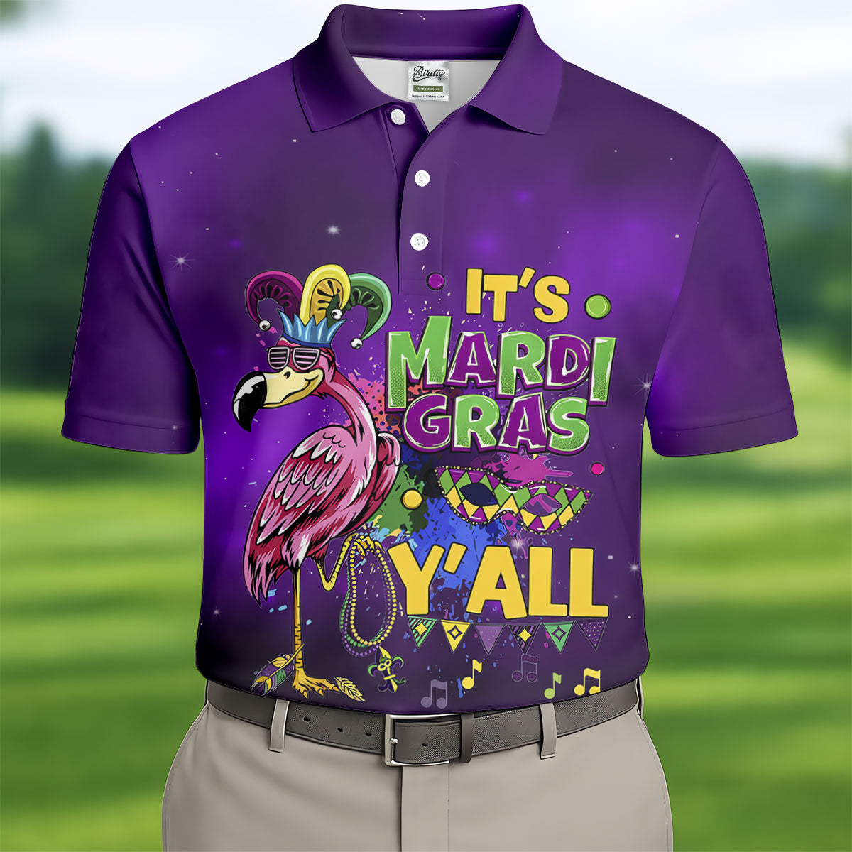 It's Mardi Gras Y'All Funny Flamingo Purple Golf Shirt, Polo ShirtFor Men, Golf Shirts For Men