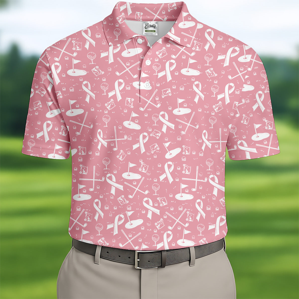 Awareness Ribbon Light Pink And White Golf Shirt, Cancer Awareness Shirt, Polo ShirtFor Men