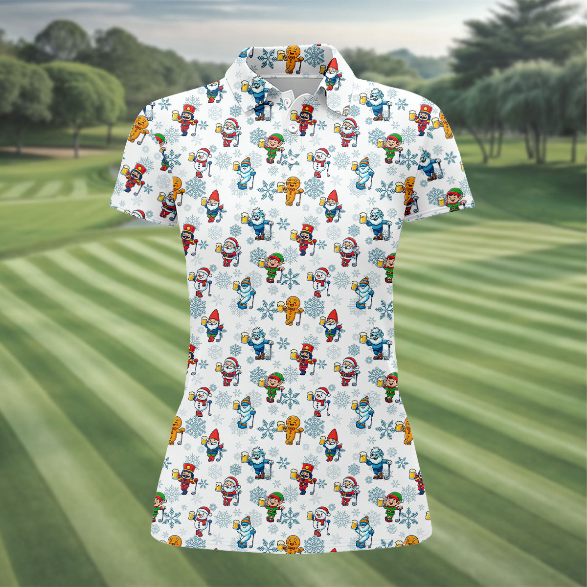 Christmas Characters Golf And Beer White Women's Funny Golf Shirts, Christmas Golf Shirt, Polo ShirtFor Women