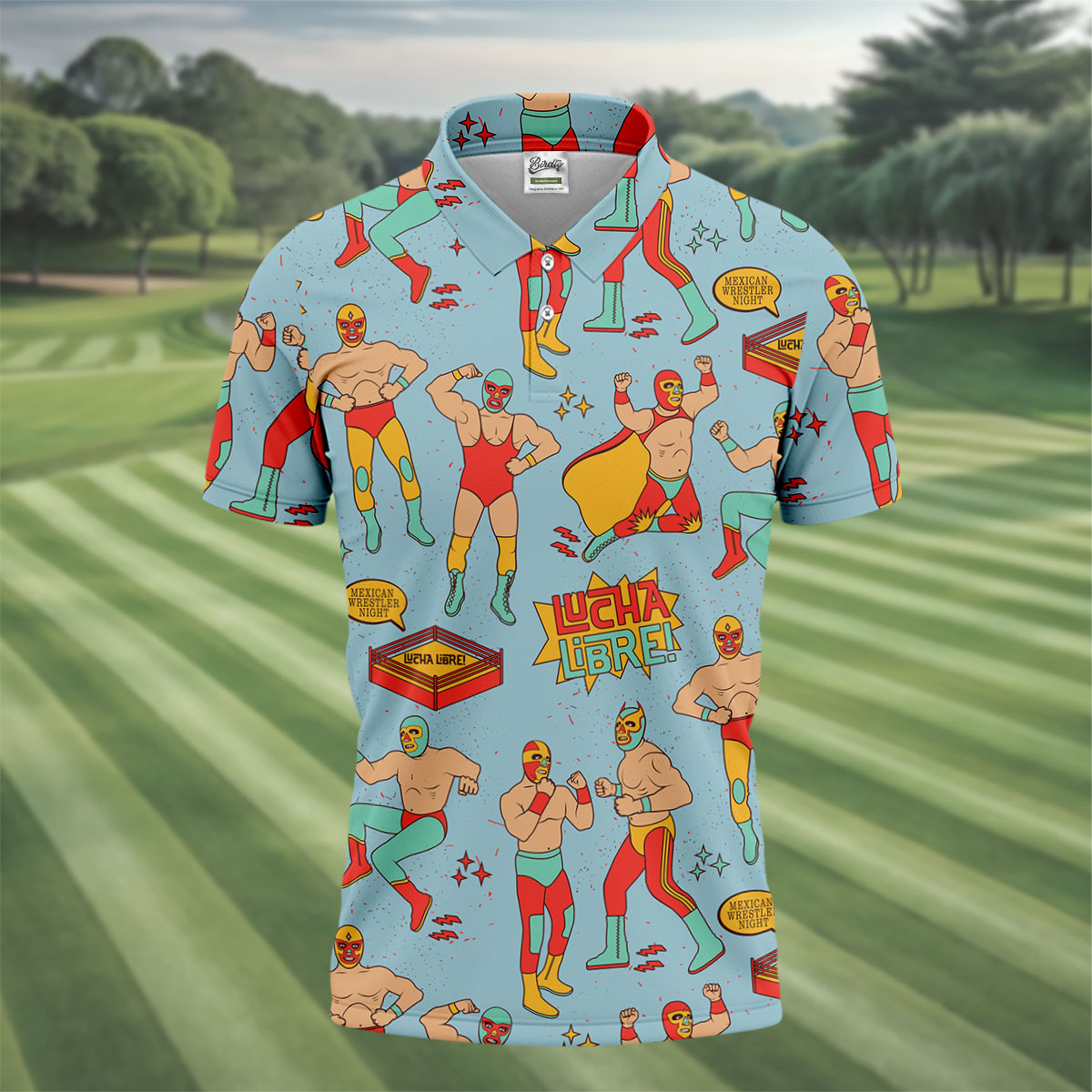 Blue Lucha Libre Mexican Wrestler Pattern Golf Shirt, Polo Shirts For Men, Golf Apparel For Men