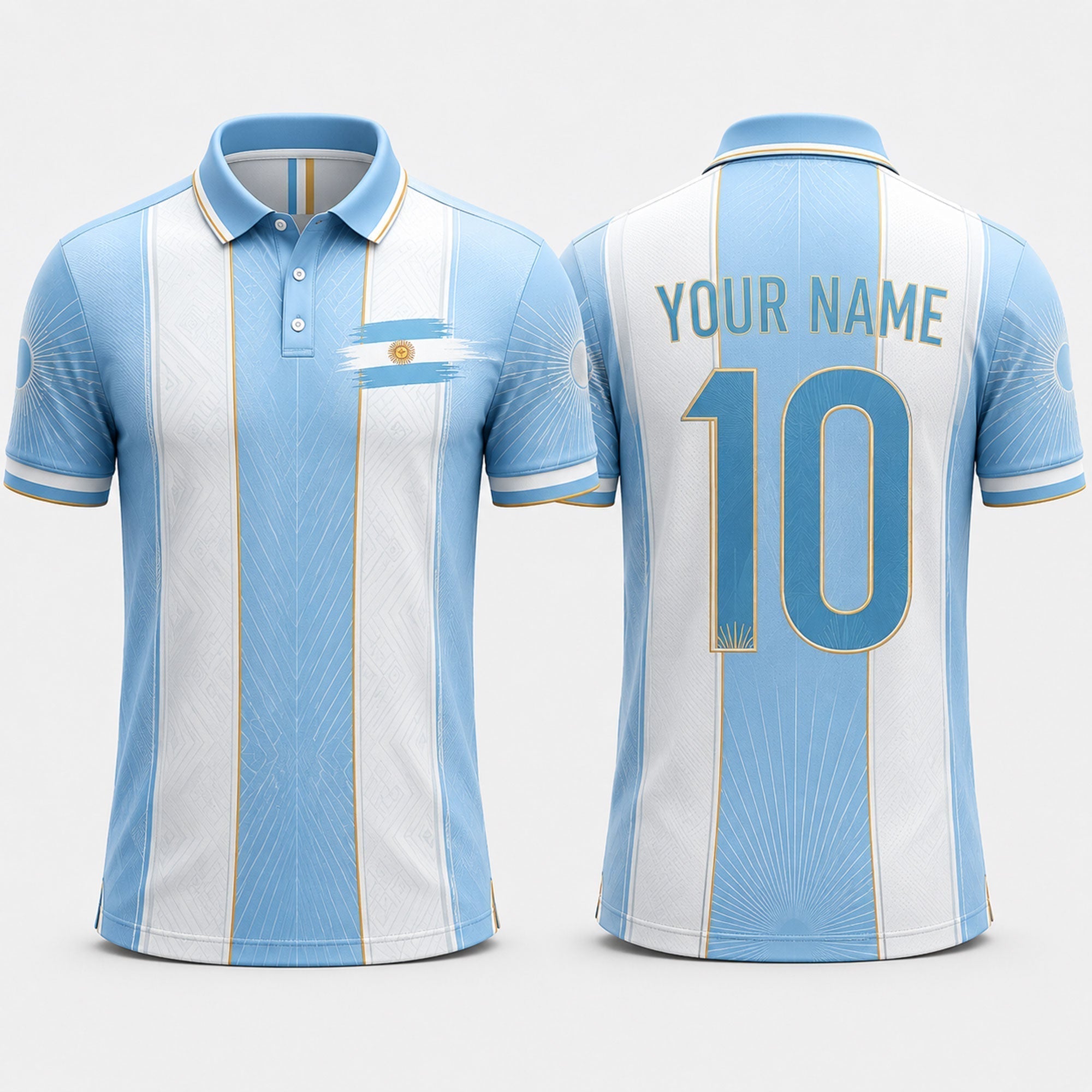 Argentinian Flag Sun Fooball Shirt, White Blue Stripes V-Neck For Men, Football Gifts