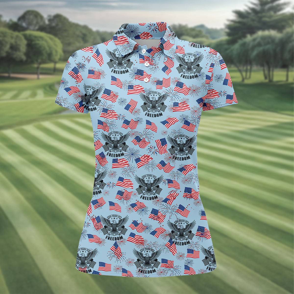 250 Years Of Freedom Festive Flag Vintage Blue Golf Shirt, Patriotic 4th Of July Golf Shirt For Women