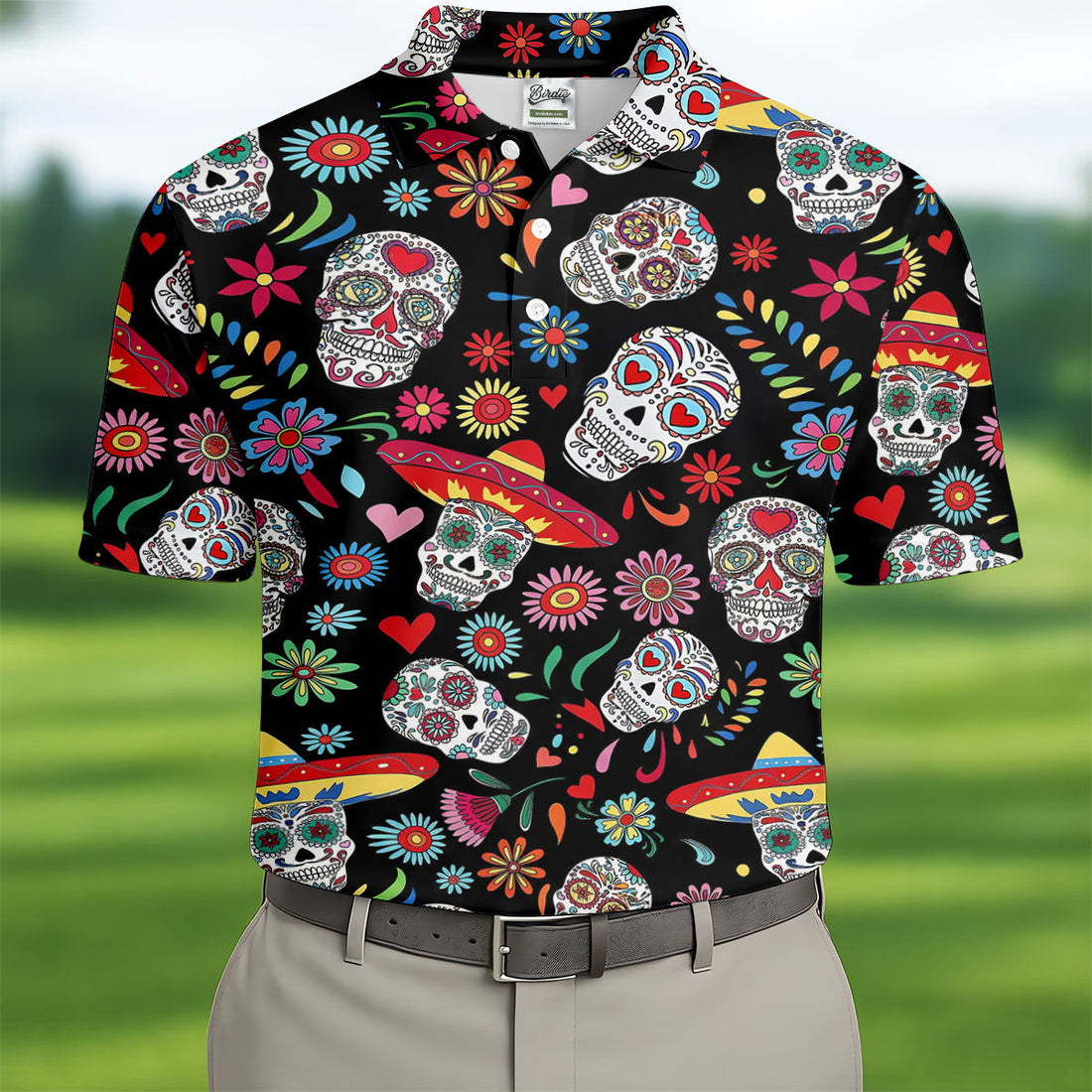 Day Of The Dead FLoral Sugar Skull Cinco De Mayo Celebration Fiesta Themed Golf Shirts For Men