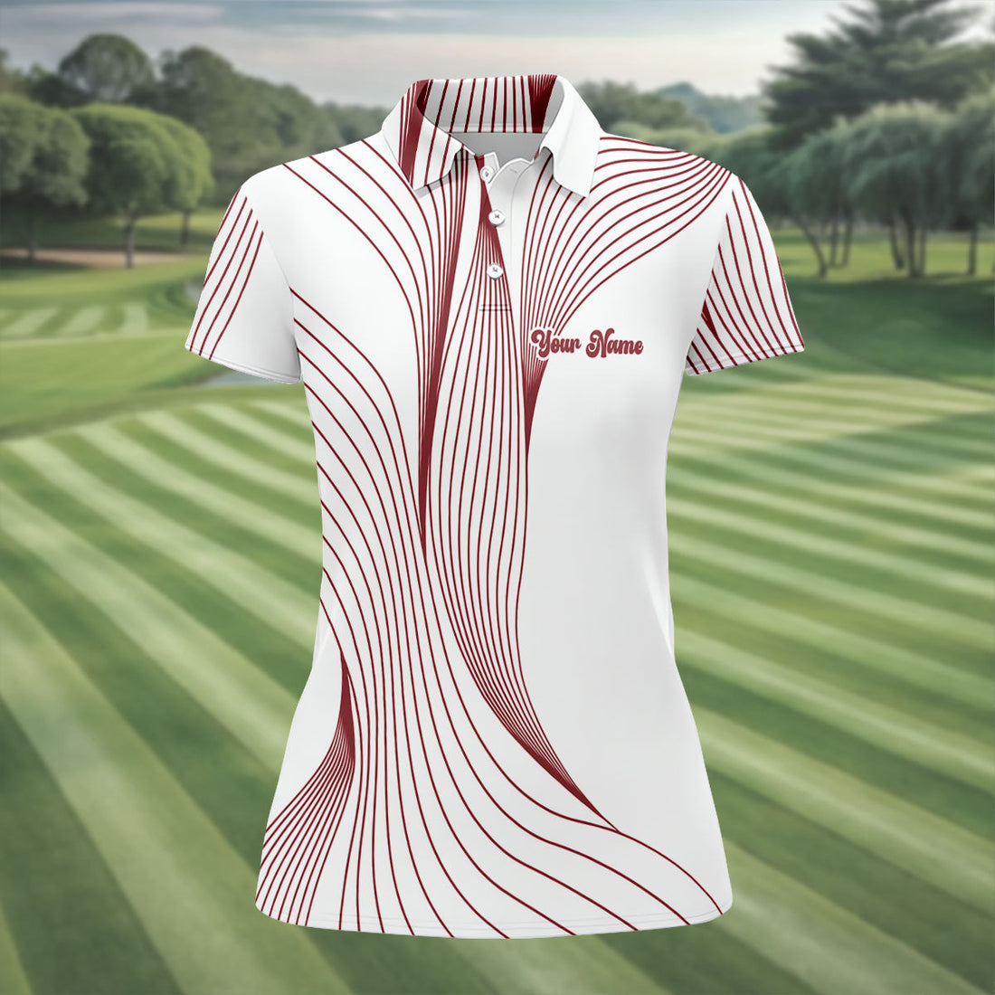 Geometric Line Wavy Line Red And White Custom Name Women's Golf Tops, Ladies Golf Shirts, Women's Polo Shirt