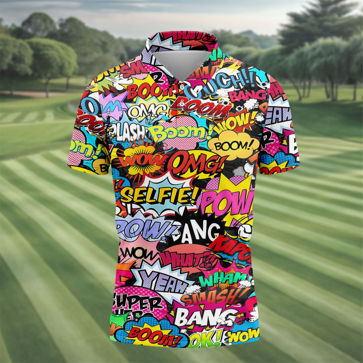 Comic Pop Art Golf Shirt, Retro Speech Bubble Pattern, Polo Shirts For Men