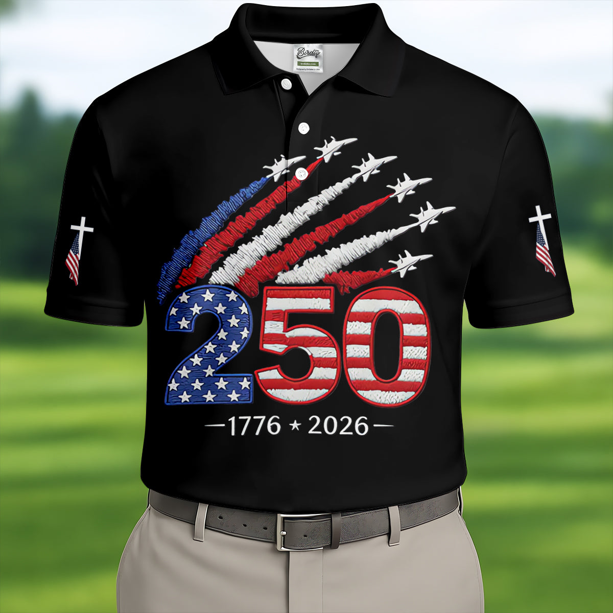 Flying Fighter Jets Faith Cross Patriotic 4th Of July Black Golf Shirt, 250 Years Golf Shirts For Men