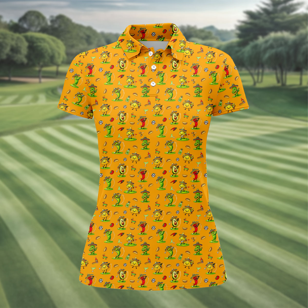 Mexican Cartoon Food Characters Cinco De Mayo Celebration Fiesta Themed Yellow Golf Shirt For Women
