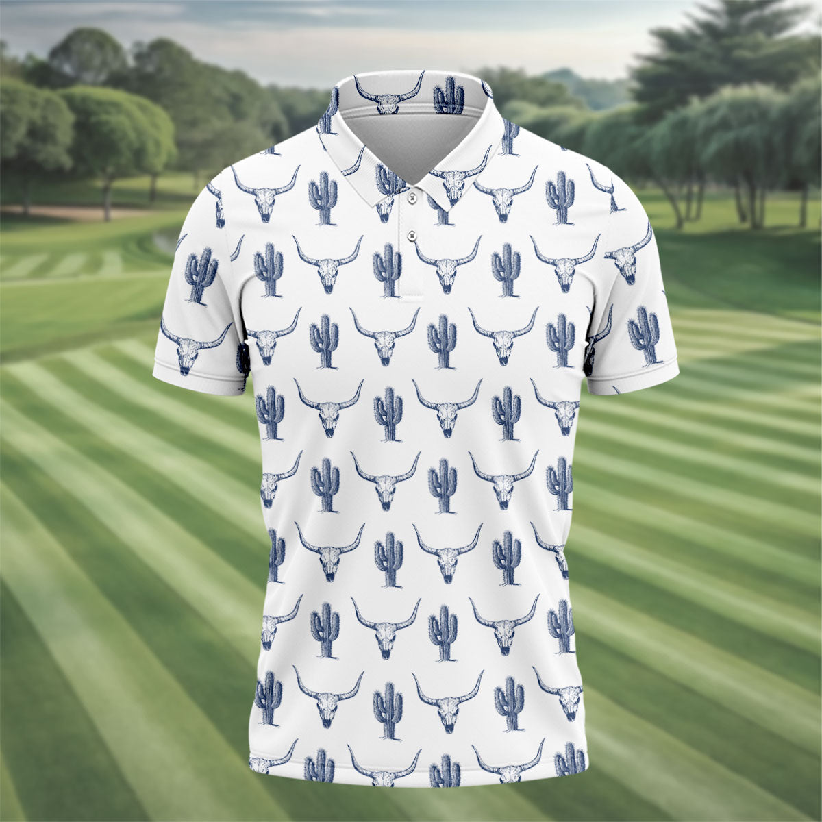 Western Longhorn And Cactus Pattern Hawaiian Golf Shirt, Golf Shirts For Men, Polo Shirts For Men