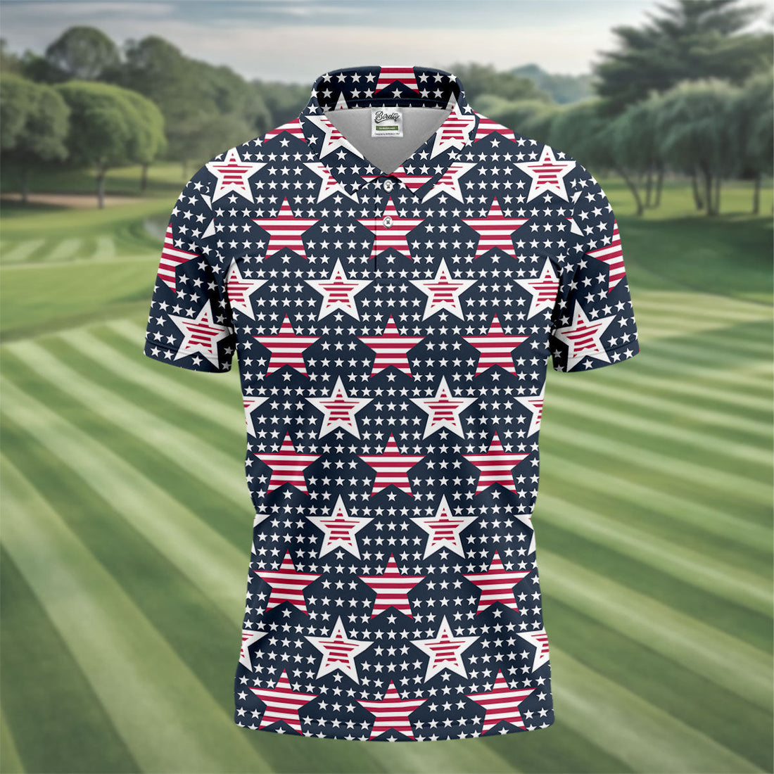 Red And White Stripe Stars Seamless Pattern 250th Anniversary Golf Shirts For Men, Patriotic Golf Shirt