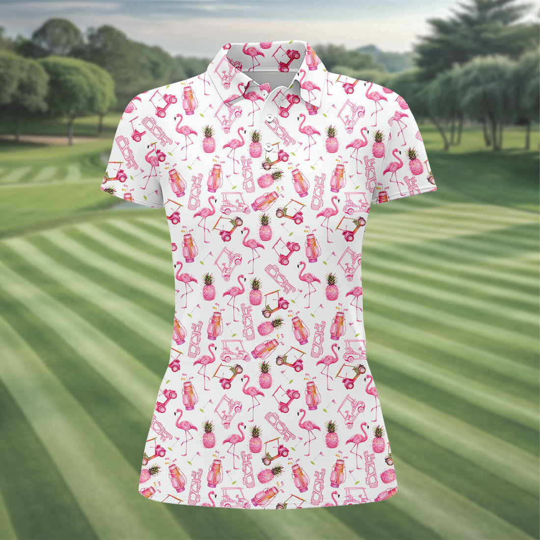 Funny Flamingo Pink Pineapple Tropical Vibe Ladies Golf Shirts, Golf Shirt For Women, Golfing Apparel