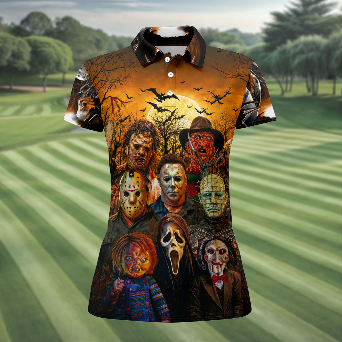 Halloween Horror Character Hawaiian Golf Shirt, Women’s Golf Tops, Golf Shirts For Women