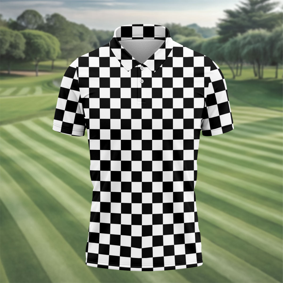 Black White Checkerboard Racing Pattern Golf Shirt, Men's Golf Shirt, Golf Polo Shirts For Men, Printed Golf Shirts