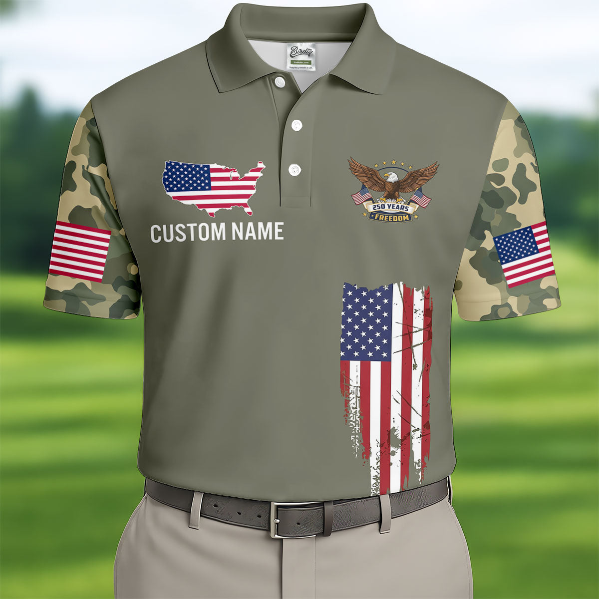 250 Years Freedom Eagle American Flag Camo Golf Shirt, Patriotic 4th Of July Golf Shirts For Men