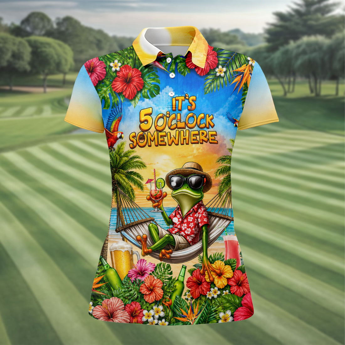 Frog Hammock 5 Oclock Somewhere Tropical Golf Shirt, Ladies Golf Shirts, Women’s Golf Apparel