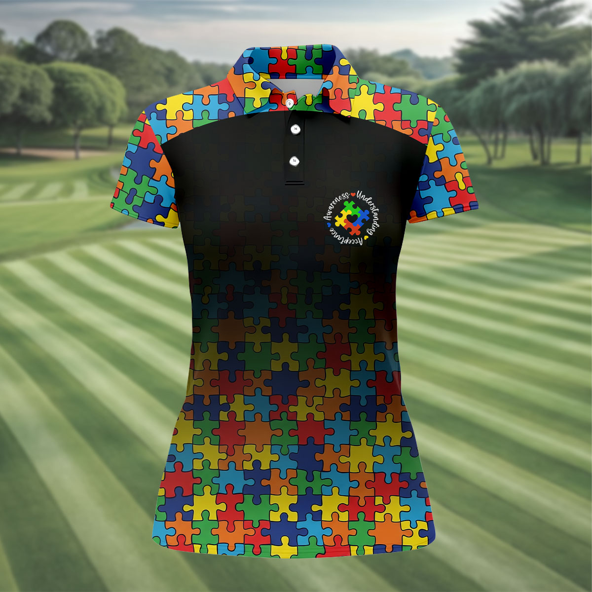 Acceptance Awareness Understanding Autism Awareness Puzzle Pattern Black Fade Women's Golf Tops