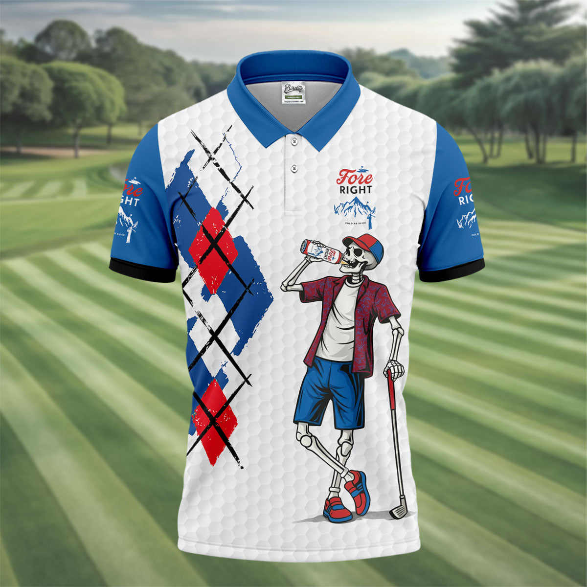 Fore Right Funny Skeleton Golf And Beer Red White Men's Funny Golf Shirts, Polo ShirtFor Men