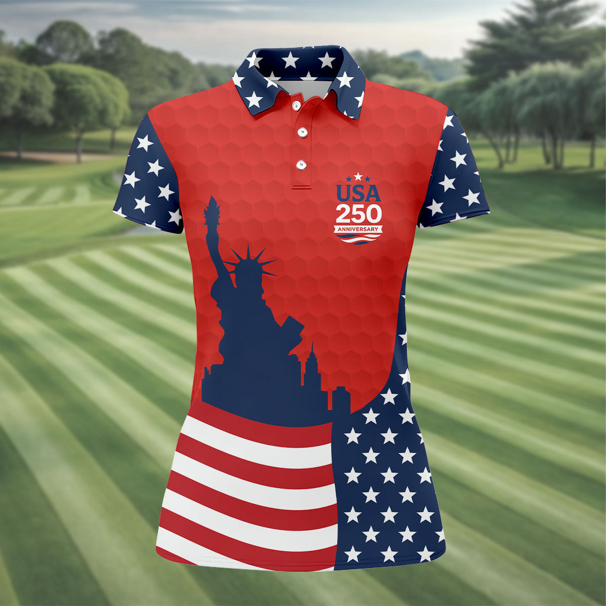 USA 250 Anniversary Statue Of Liberty Red Golf Shirt, Patriotic Golf Shirt, 4th Of July Women's Golf Tops