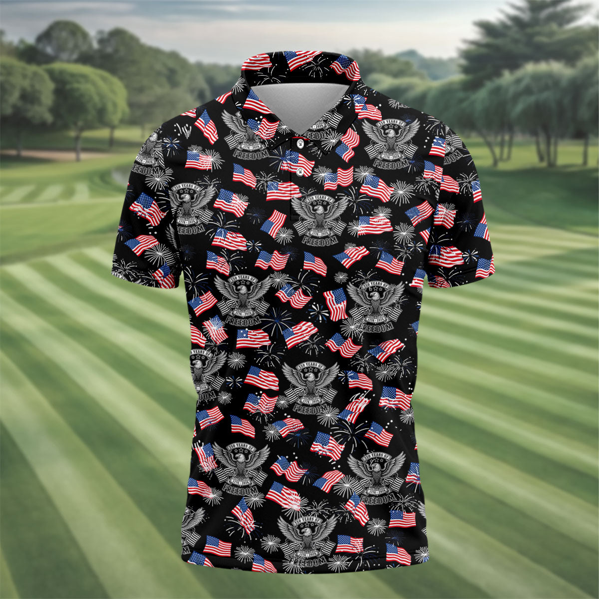 250 Years Of Freedom Festive Flag Vintage Black Golf Shirt, Patriotic 4th Of July Golf Shirts For Men