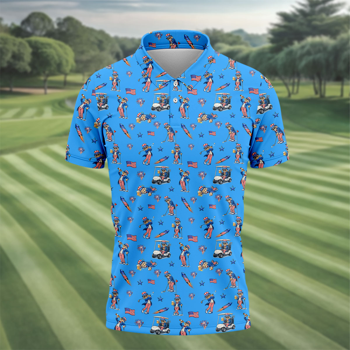 Patriotic Man Golf And Beer Funny 4th Of July Blue Golf Shirt, 250 Years Seamless Pattern Golf Shirts For Men