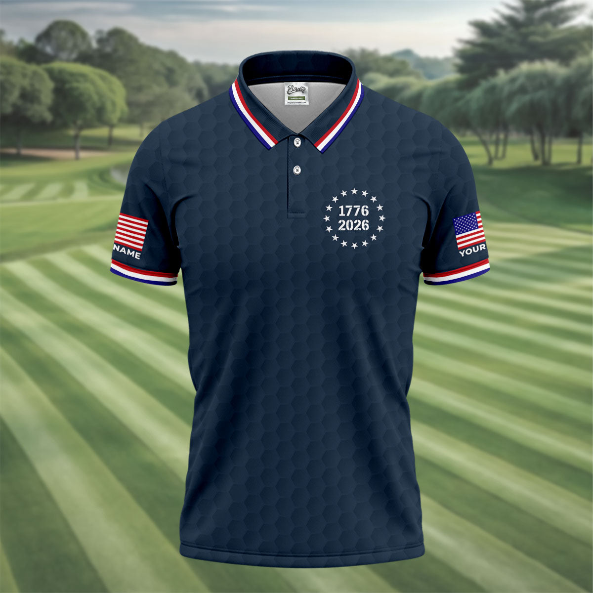 250 Years Quarter Millennnial Golf Ball Pattern Navy Patriotic Golf Shirt, 4th Of July Golf Shirts For Men