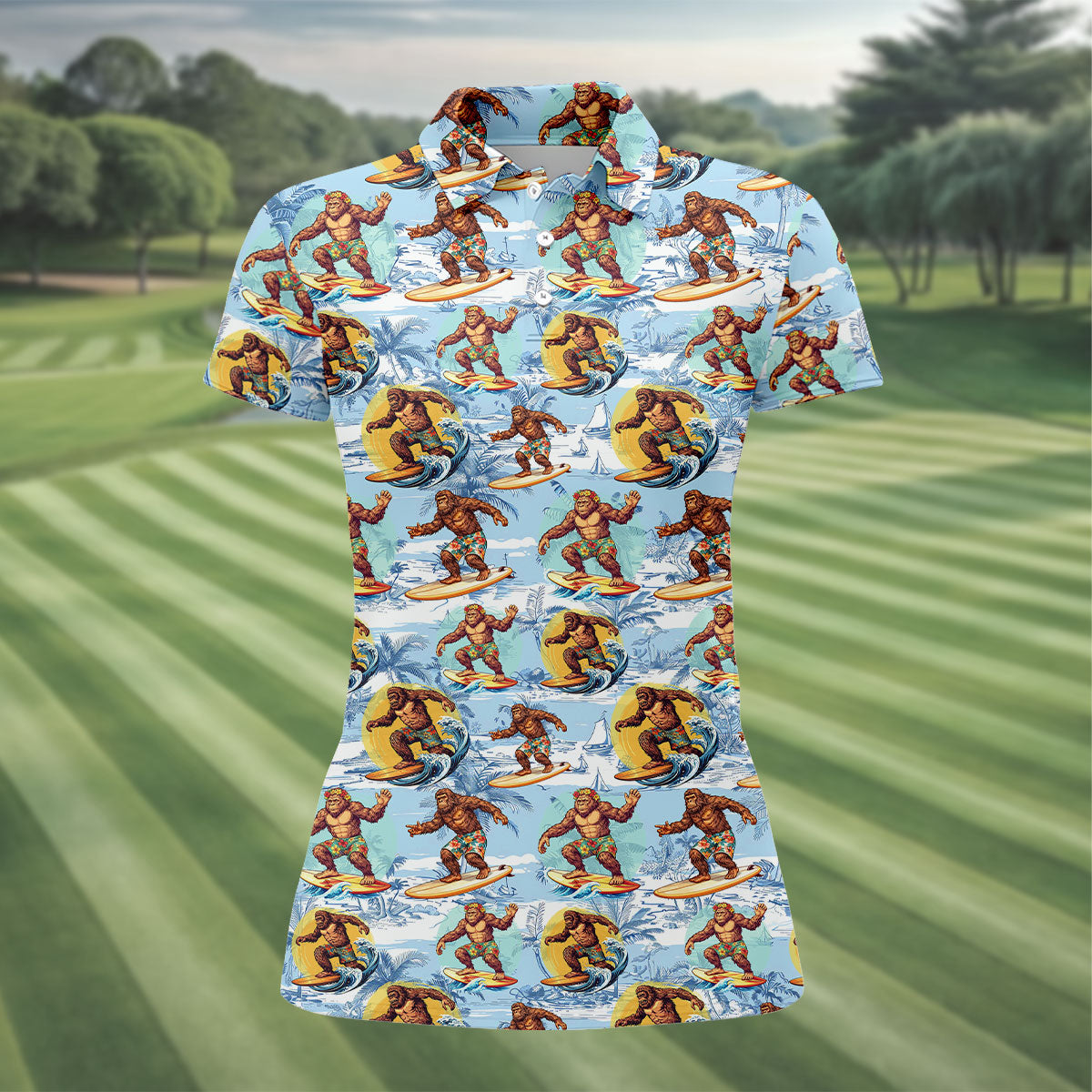 Surfing Bigfoot Hawaiian Golf Shirt, Womens Golf Tops, Golf Polo For Women