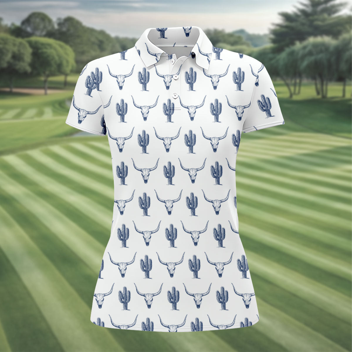 Western Longhorn And Cactus Pattern Golf Shirt, Women's Golf Shirt, Hawaiian Golf Shirt, Golf Polo For Women