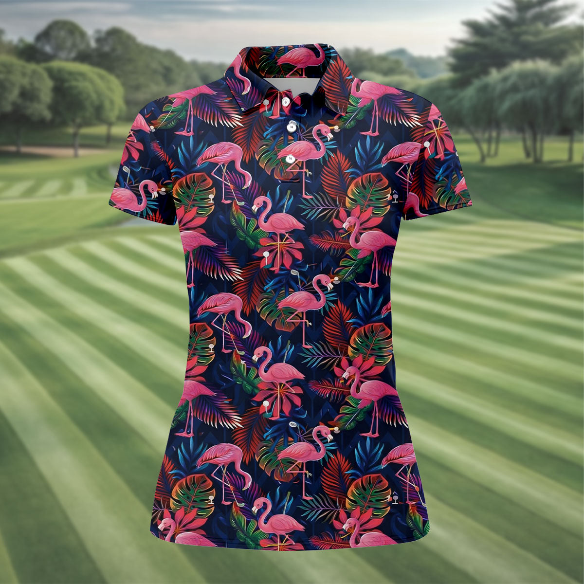 Dark Tropical Pink Flamingo Pattern Golf Shirt, Women’s Golf Apparel, Hawaiian Golf Shirt, Golf Polo For Women