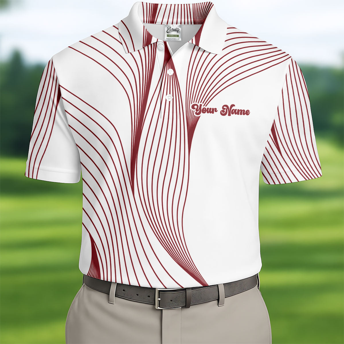 Geometric Line Wavy Line Red And White Custom Name Golf Shirts For Men, Men's Golf Shirt, Polo ShirtFor Men