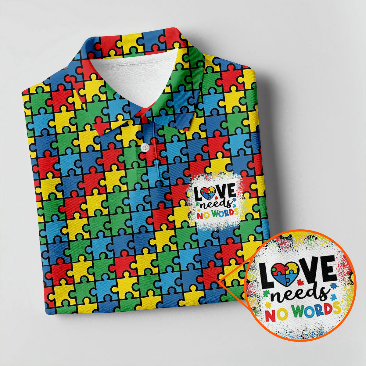 Love Needs No Words Autism Awareness Jigsaw Puzzle Pieces Men's Golf Shirt, Polo Shirt Men