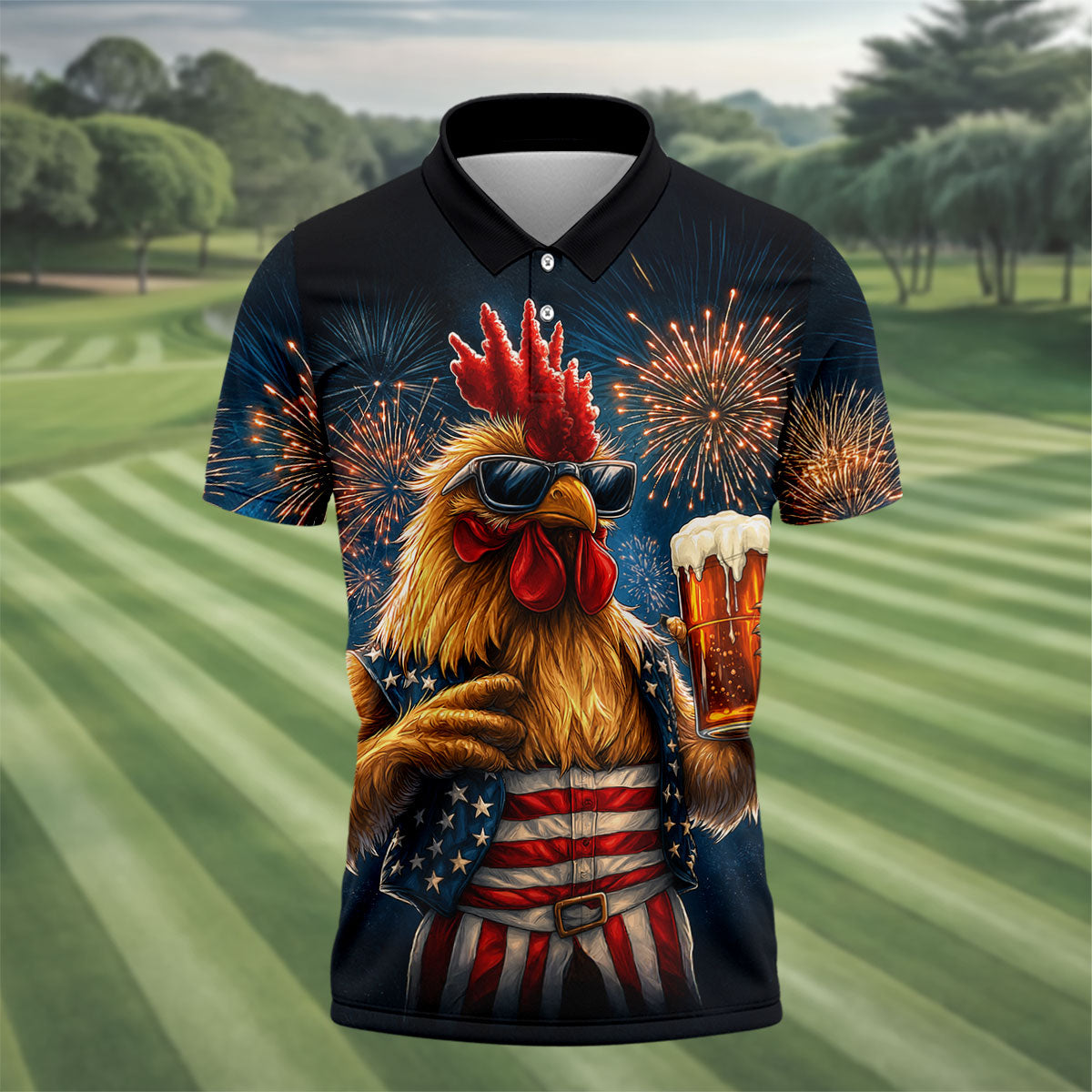 Rooster Beer USA Patriotic Hawaiian Golf Shirt, 250th Anniversary Tropical Vibe Men's Golf Shirt