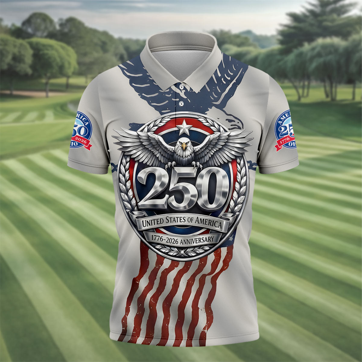 250 US 1776-2026 Anniversary Silver Print Golf Tops For Men, Patriotic 4th Of July Golf Shirts For Men
