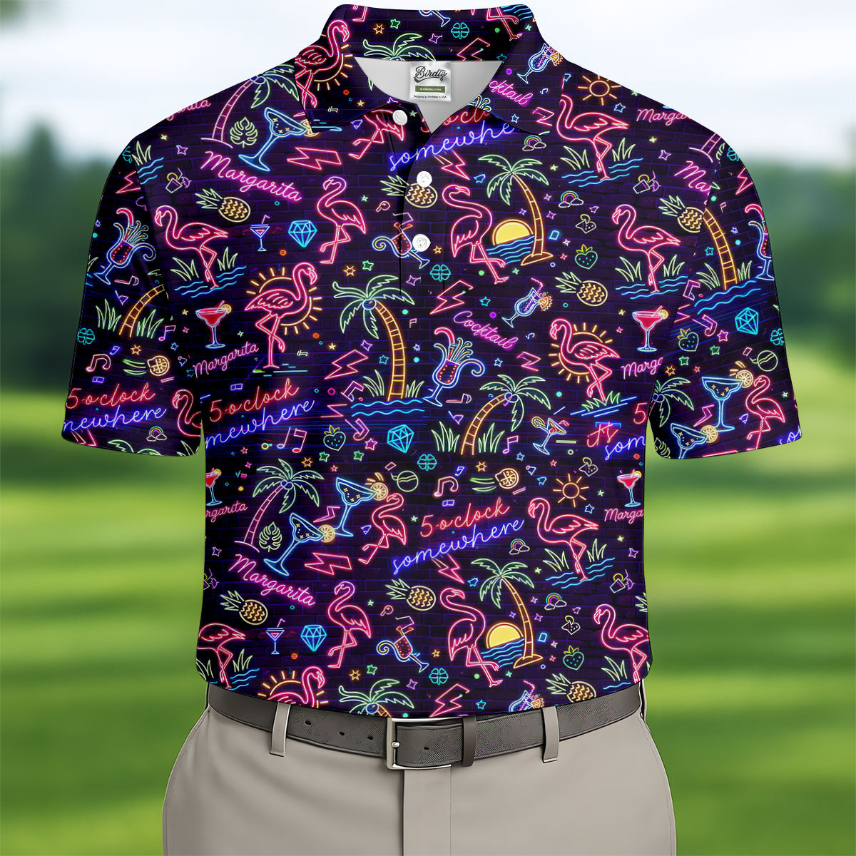 Tropical Theme Neon Pattern Black Golf Shirt, Men's Funny Golf Shirts, Polo ShirtFor Men