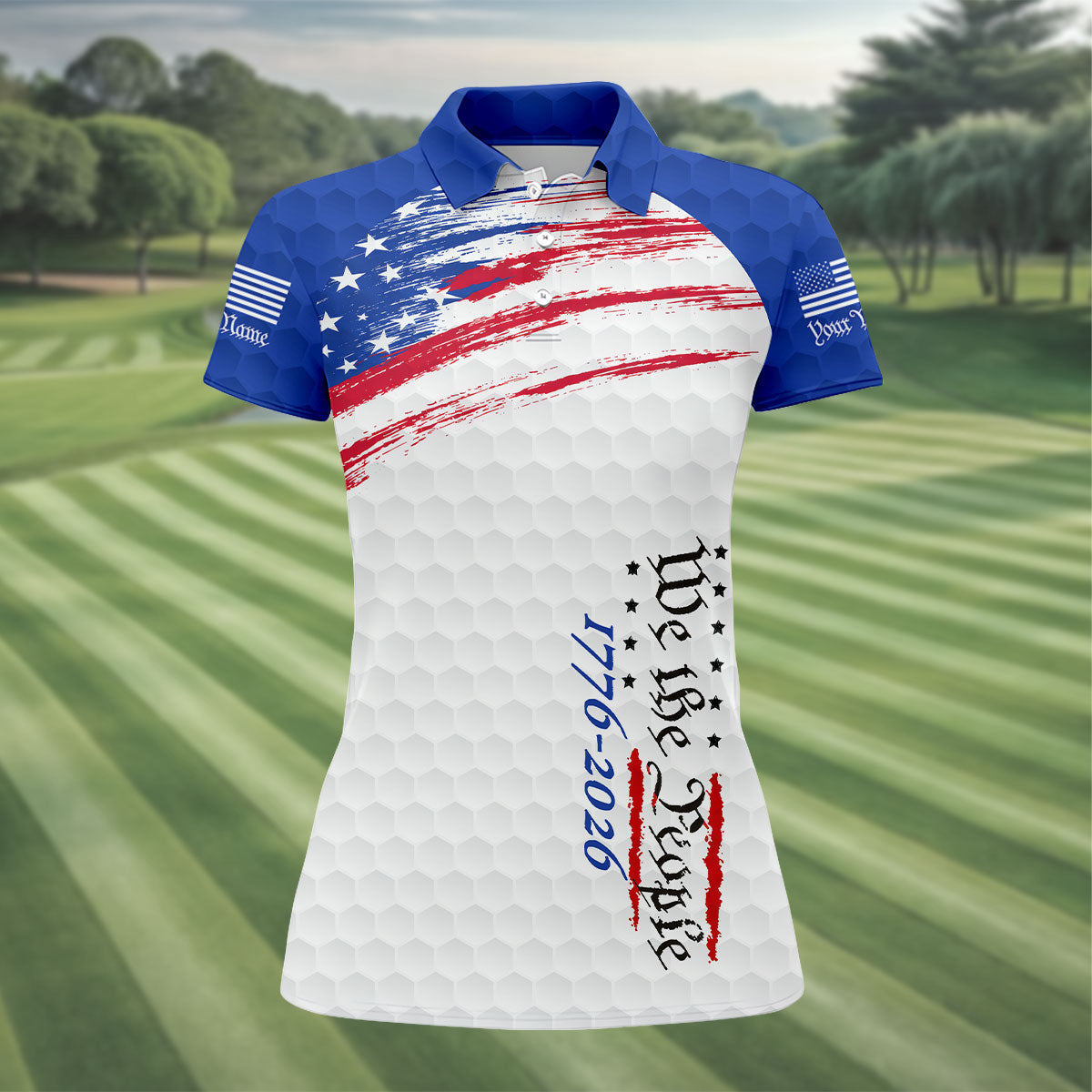 We The People 1776-2926 American Flag Brush Blue Golf Shirt, 250 Years Patriotic 4th Of July Golf Shirt For Women