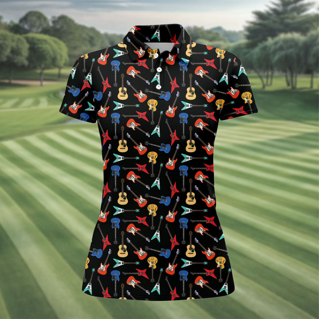 Guitar Pattern Hawaiian Golf Shirt, Music Lover Women's Golf Tops, Ladies Golf Shirts