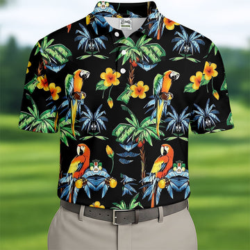 Black Tropical Parrot Palm Flower Pattern Golf Shirt, Men's Golf Shirt, Mens Polo Shirts, Hawaiian Golf Shirt
