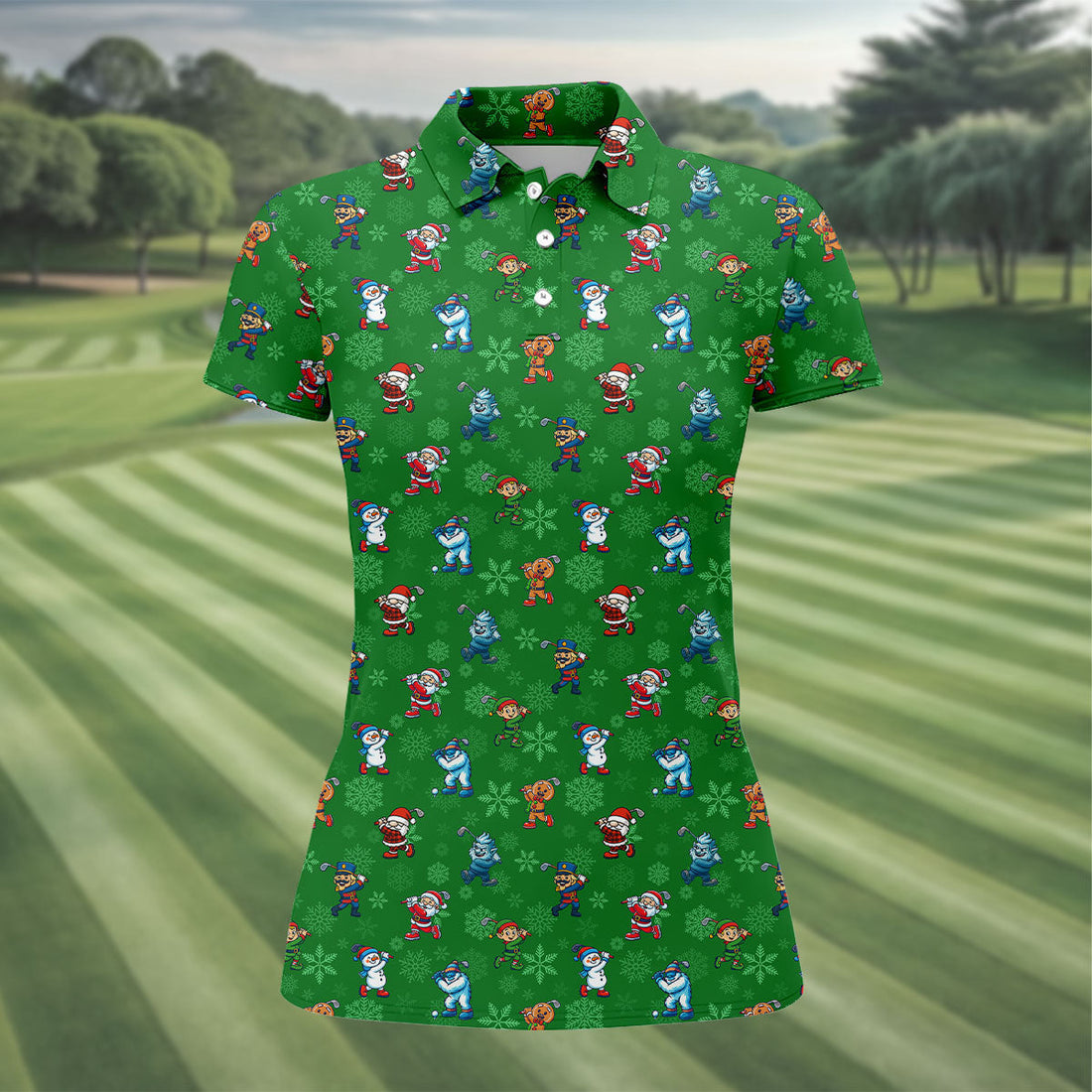 Funny Christmas Characters Golf Pose Green Golf Shirt, Christmas Golf Shirt, Ladies Golf Shirts, Women's Polo Shirt