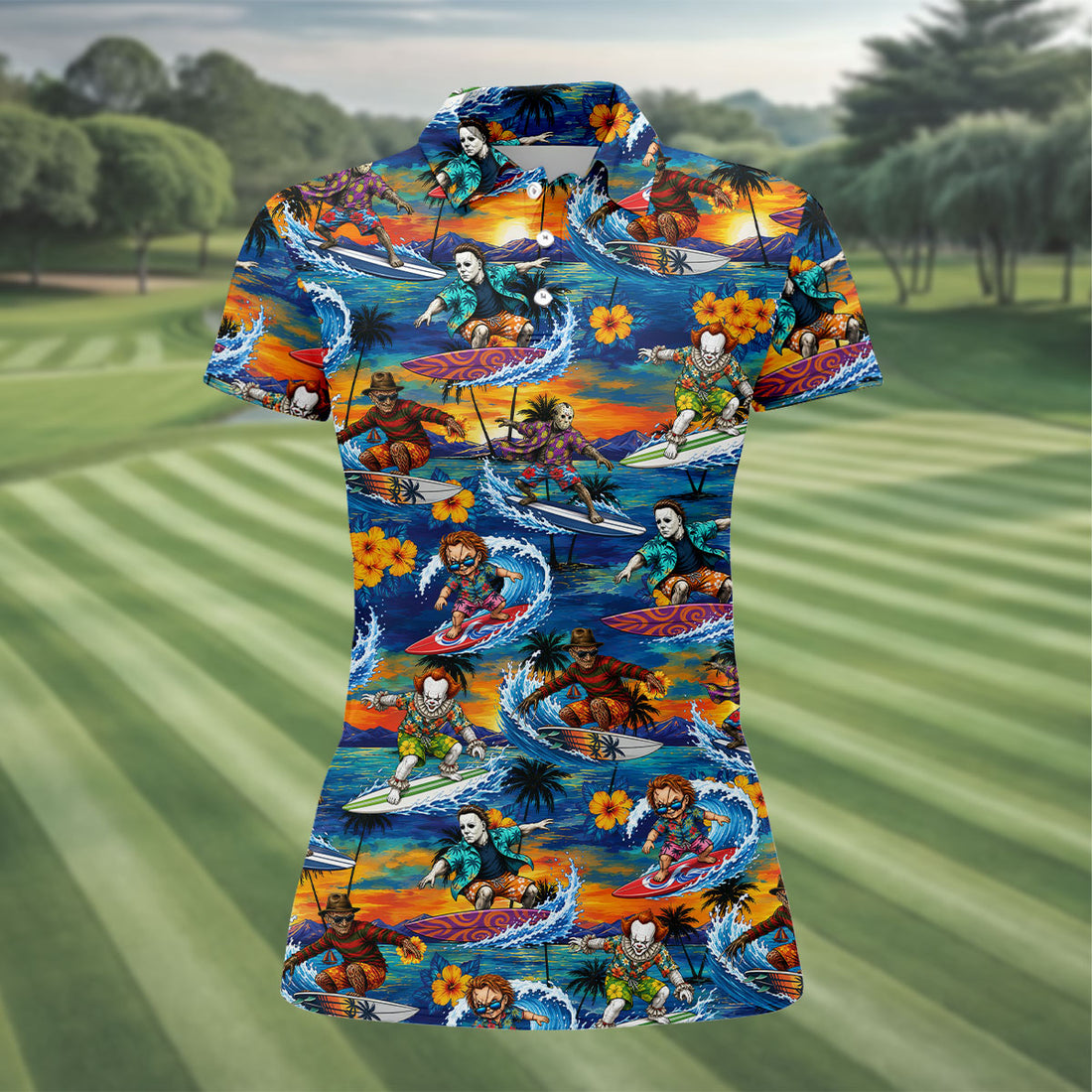 Retro Horror Character Villains Surfing Sunset Waves Golf Polo Shirt, Women's Golf Polo, Golf Tops For Women