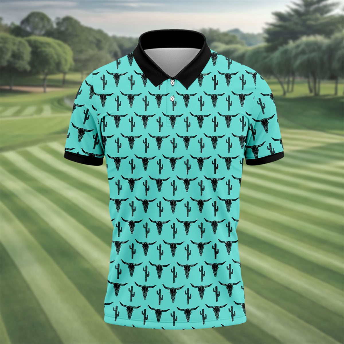 Longhorn Cow Skull Western Theme Peacock Blue Golf Tops For Men, Polo Shirtor Men, Golf Shirts For Men