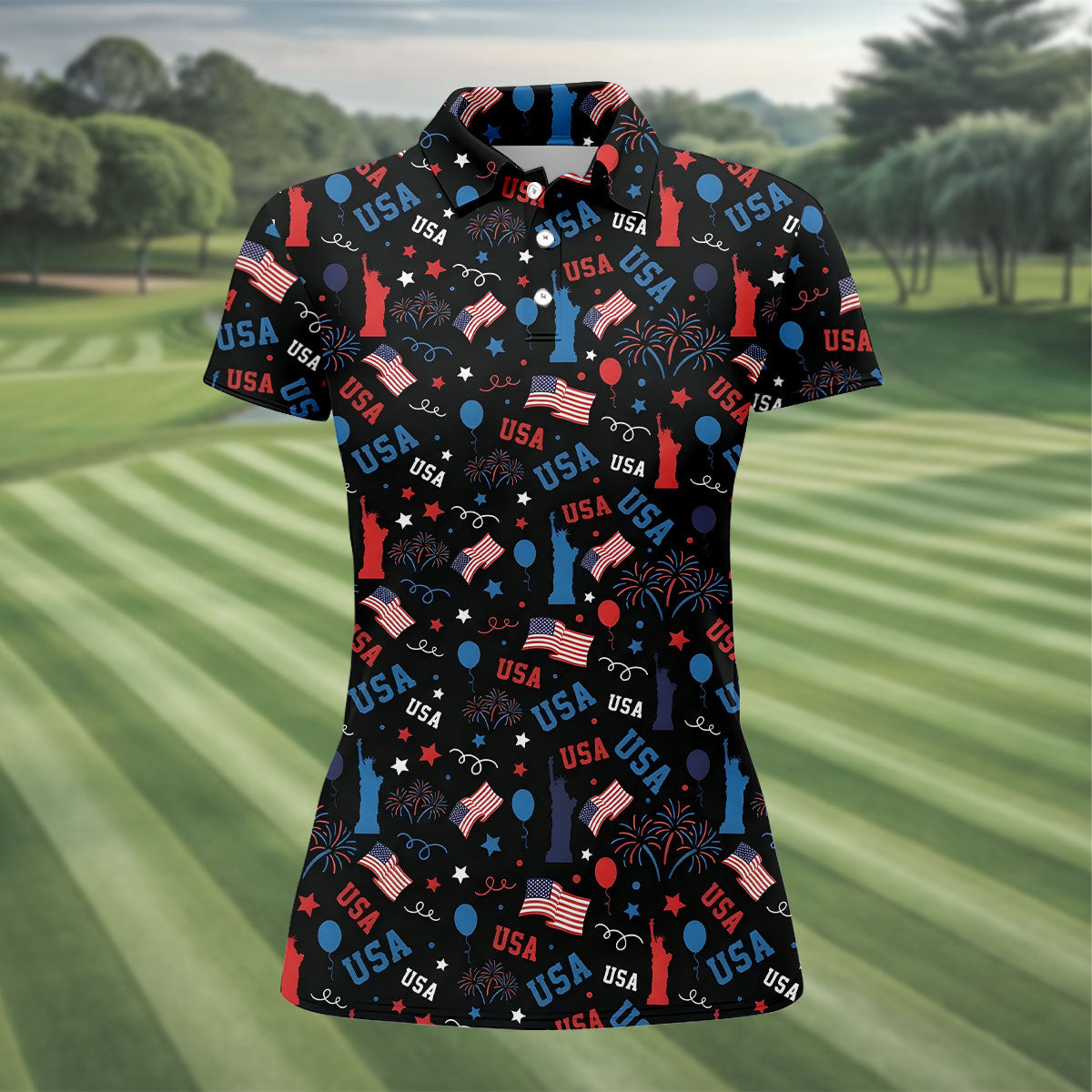 USA Red White Blue Seamless Pattern Black Golf Shirt, 250th Anniversary Patriotic 4th Of July Golf Shirt For Women