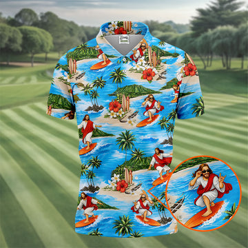 Funny Beach Surfer Jesus Hawaiian Golf Shirt, Golf Polo For Women, Printed Golf Shirt