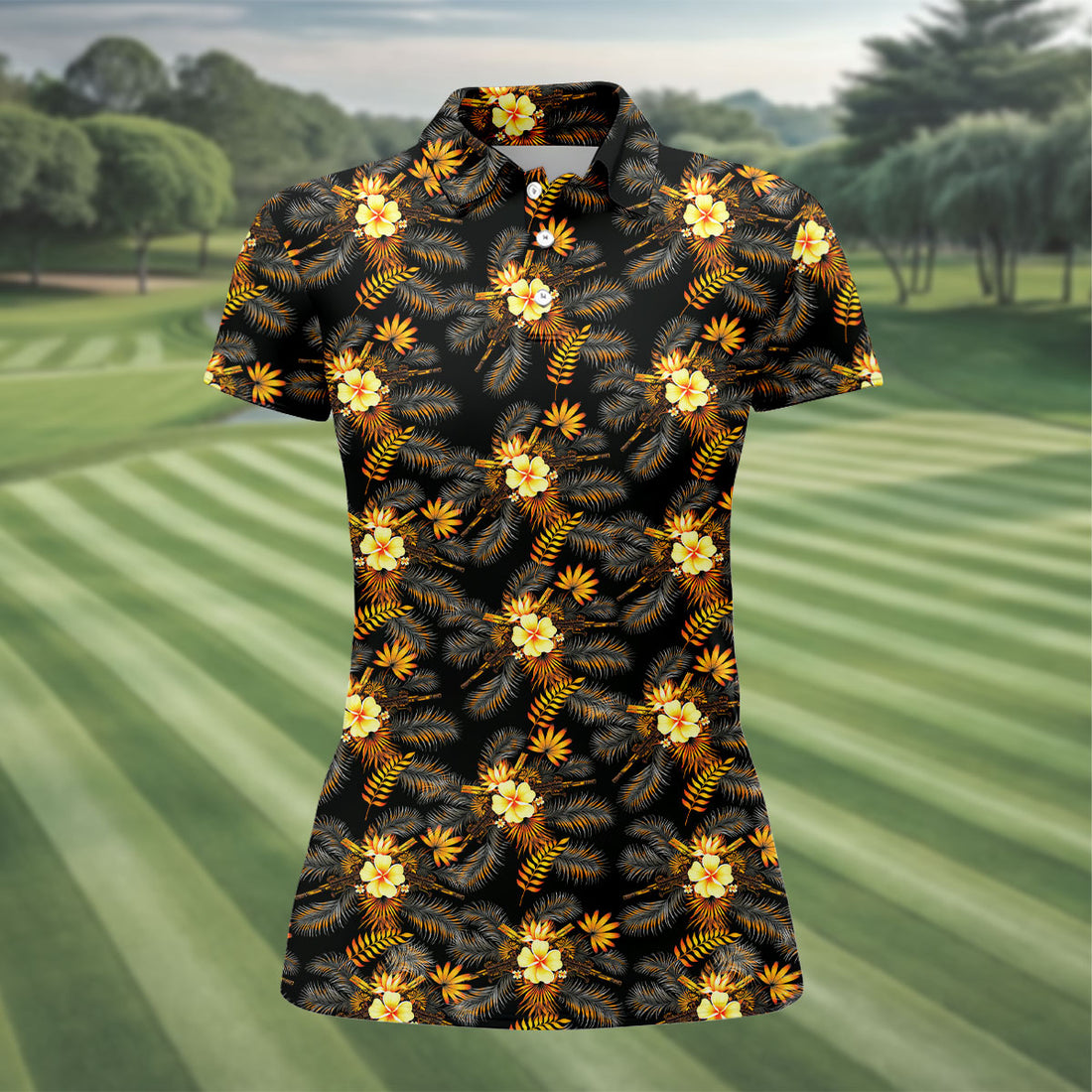 Yellow Hibiscus Flower Black Hawaiian Golf Shirt, Tropical Vibe Golf Shirt For Women