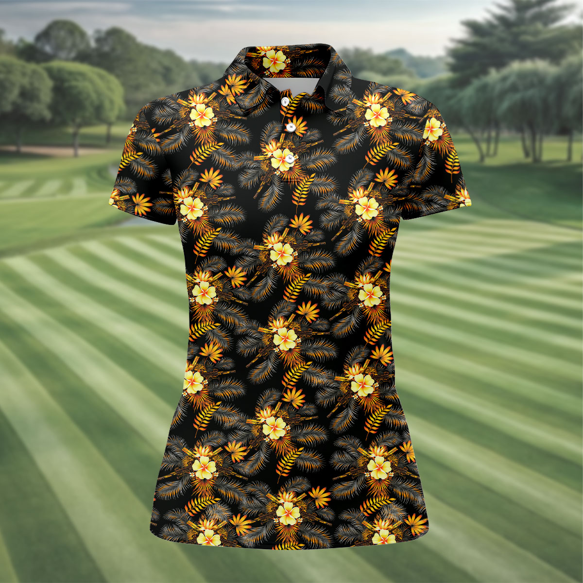 Yellow Hibiscus Flower Black Hawaiian Golf Shirt, Tropical Vibe Golf Shirt For Women