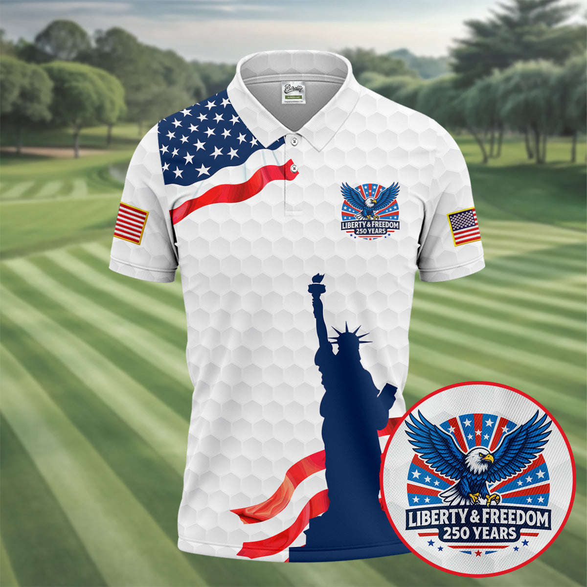 Liberty And Freedom 250 Years Golf Ball Pattern Patriotic Golf Shirt, 4th Of July Polo Shirtor Men
