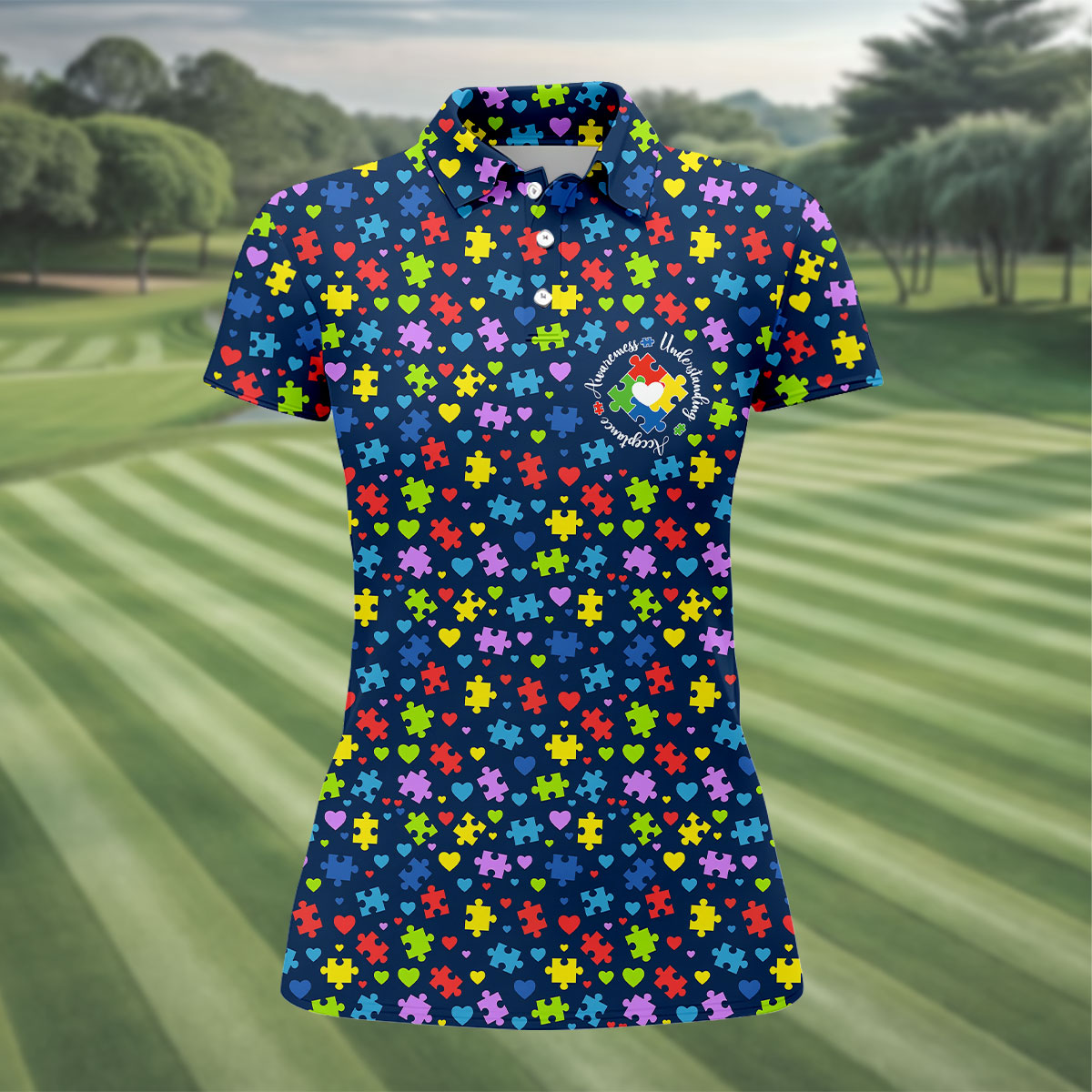 Awareness Understanding Acceptance Autism Navy Golf Shirt For Women, Ladies Golf Polos