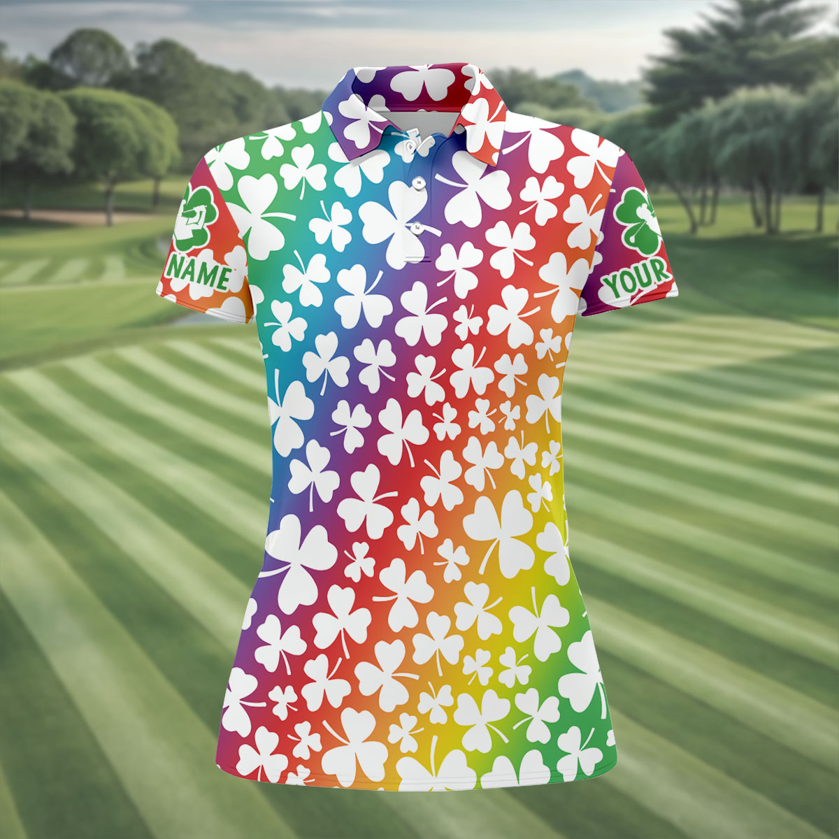 Rainbow Shamrock St Patrick's Day Golf Shirt, Women's Golf Tops, Ladies Golf Polos, Golf Shirt For Women